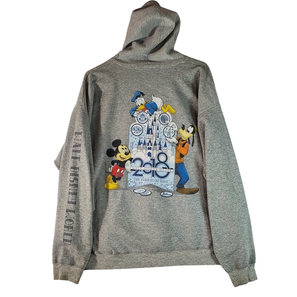 Disney‎ World 2018 Mickey Donald Goofy Zip Up Hoodie Gray XL Hanes 18031